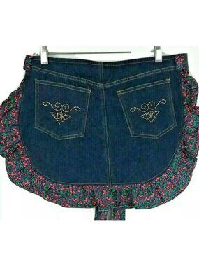 Upcycled Blue Denim Apron Jeans Repurposed Cherry Ruffle Pockets